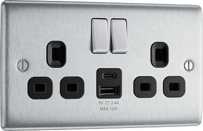 BG Electrical 12W Double USB Socket Nexus Brushed Steel Type A/C USB Ports 13A