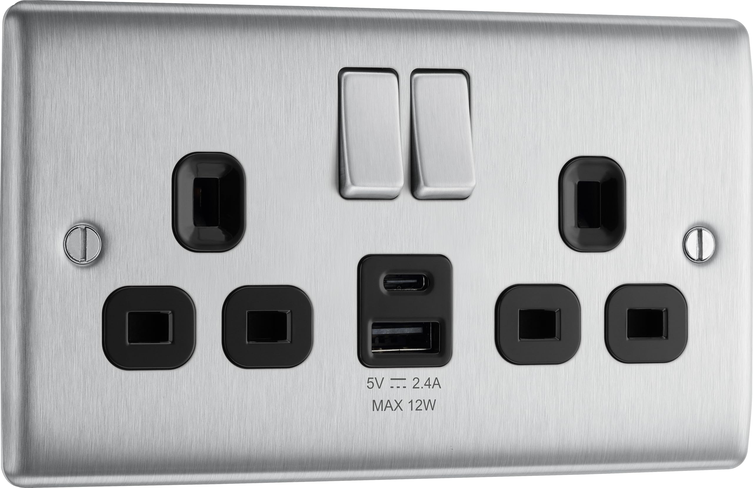 BG Electrical 12W Double Switched Power Wall Plug Socket with Type A and Type C USB Charging Ports, Nexus Metal, Brushed Steel, Black Inserts, 13A, NBS22UAC12B