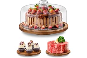 Yangbaga 11IN Wood Cake Stand with Dome Lid, Rotating Cake Stand with Glass Dome- Cake Plate with Cover for Baking Gifts/Birt