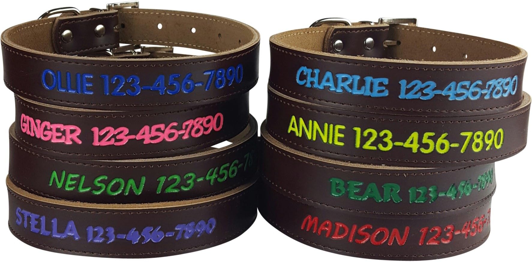 Custom Catch Personalized Dog Collar - Custom Leather with 4 Bold Text Styles and 8 Text Colors, Brown or Black