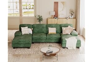 JUMMICO Sectional Couches for Living Room, U Shaped Couch with Chenille Fabric, 4 Seat Modern Sofa with Removable Pillows for Apartment and Small Space (Fabric, Green)