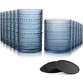 DmmyAlzx Hobnail Drinking Glasses Set of 12 Count, Vintage Glassware, Old Fashioned Glasses, 6 Highball Bubble Drinking Cups 14.5 oz, 6 Rocks Cups 10 oz with 6 Silicone Coasters, Blue