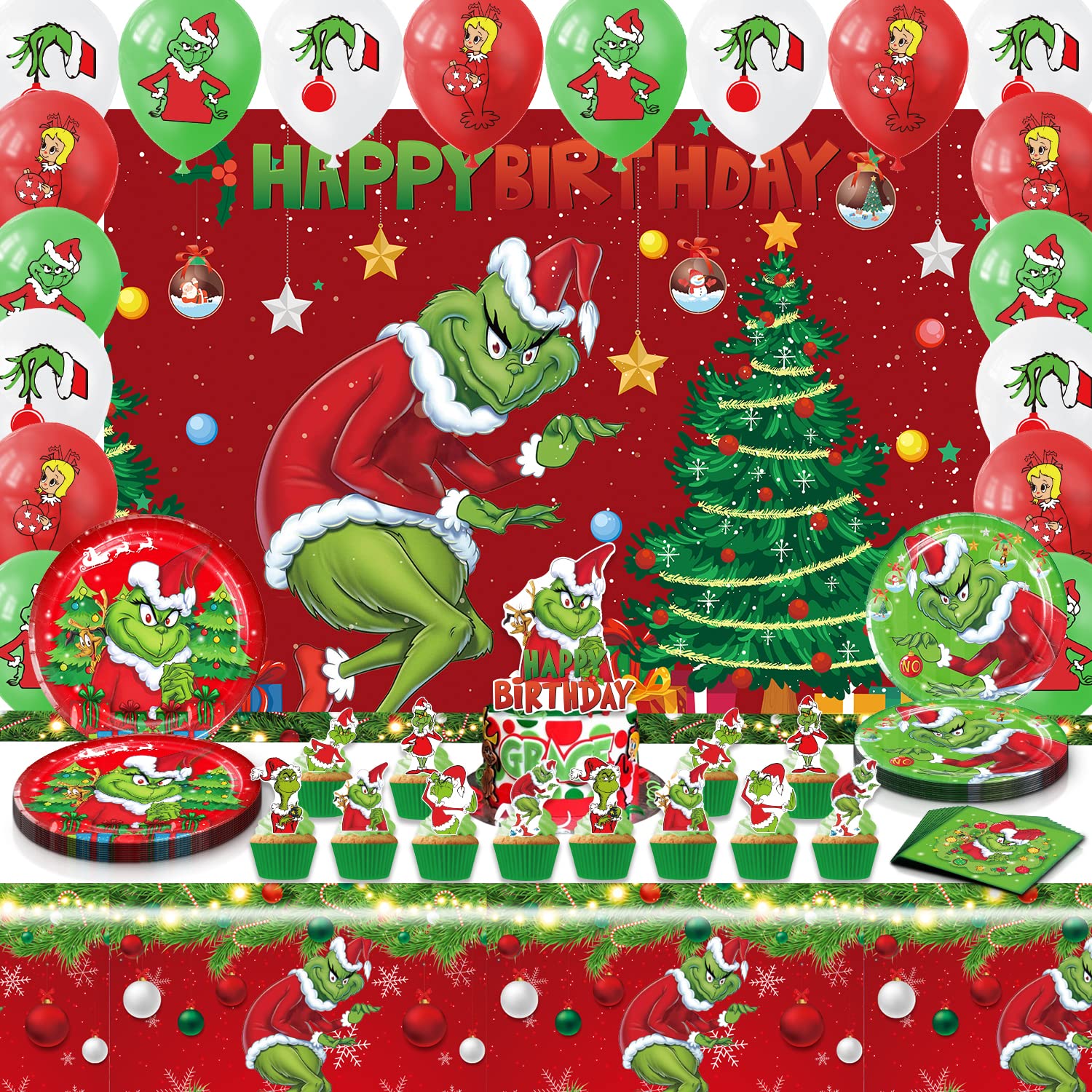View 1 of 83Pcs Christmas Party Decorations Merry Xmas Party Supplies,Paper Plates and Napkins Disposable Xmas Tableware Set,Christmas Tablecloth and Background Cloth Party Supplies