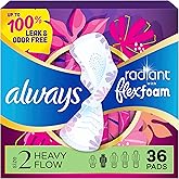 Always Radiant Feminine Pads for Women, Flexfoam Pads with Wings, Size 2, Heavy Absorbency, Lightly Scented, 36 Count