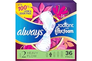 Always Radiant with FlexFoam Pads, Size 2, Heavy Absorbency, with Wings, Lightly Scented, Up to ZERO leaks, ZERO feel, ZERO o