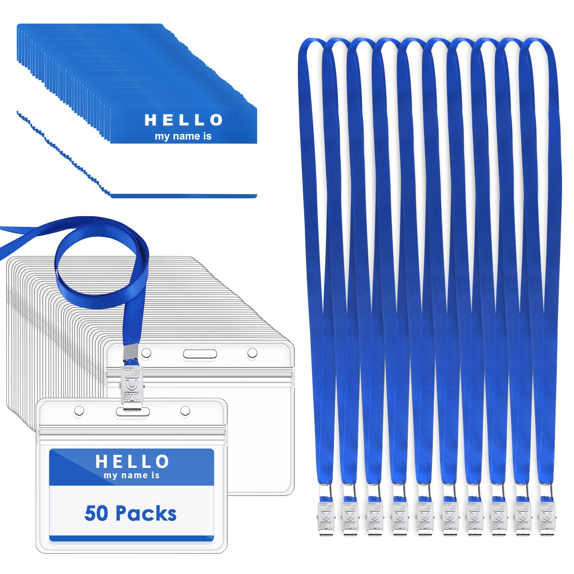 Gimars 50 Packs Blue Waterproof Name Badge Holders with Lanyards and Nameplates, Clear Conference Work Pass ID Card Holders for Business, Office and School