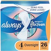 Always, Infinity With FlexFoam Pads For Women, Size 4, Overnight Absorbency With Wings, 26 Count