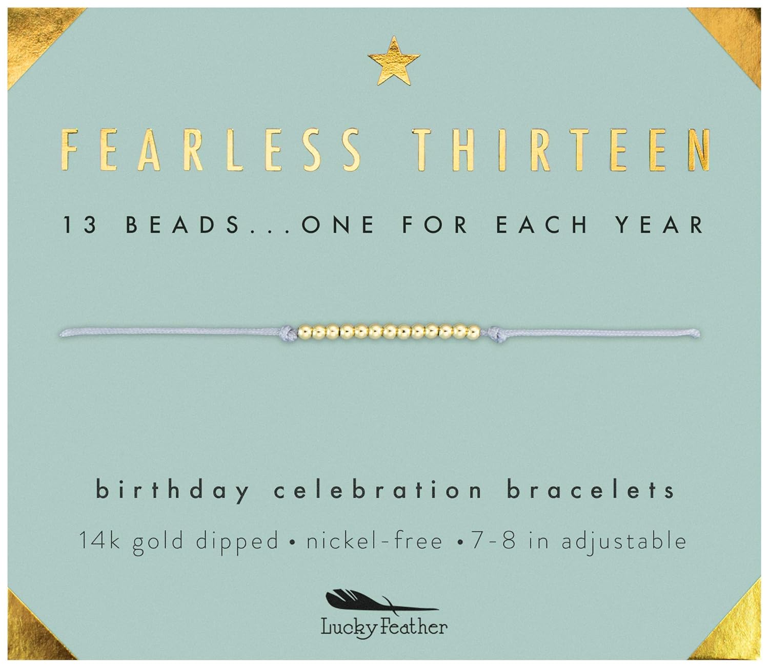 Lucky Feather Gifts for 13 Year Old Girl - 13th Birthday Bracelet with 14K Gold Dipped Beads on Adjustable 7”-8” Cord, Designed in Los Angeles