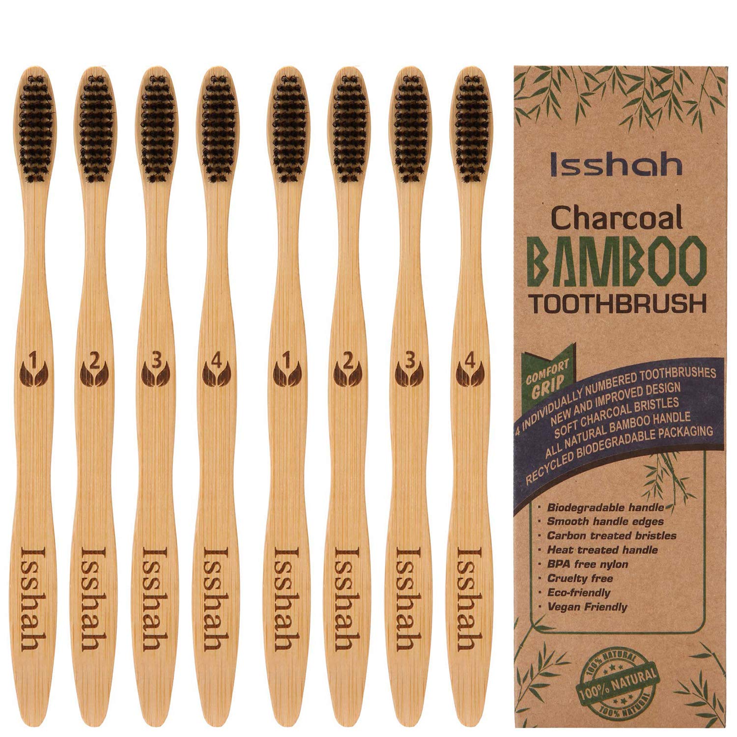 Isshah Biodegradable Eco-Friendly Natural Compostable Bamboo Toothbrush - Pack of 8