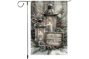 RMXJKIIU Winter Garden Flag 12x18 Inch Double Sided Rustic Burlap Hello Winter Welcome Sign with Lantern Candles Pinecones Snowflakes for Christmas Holiday Outdoor Yard Decor