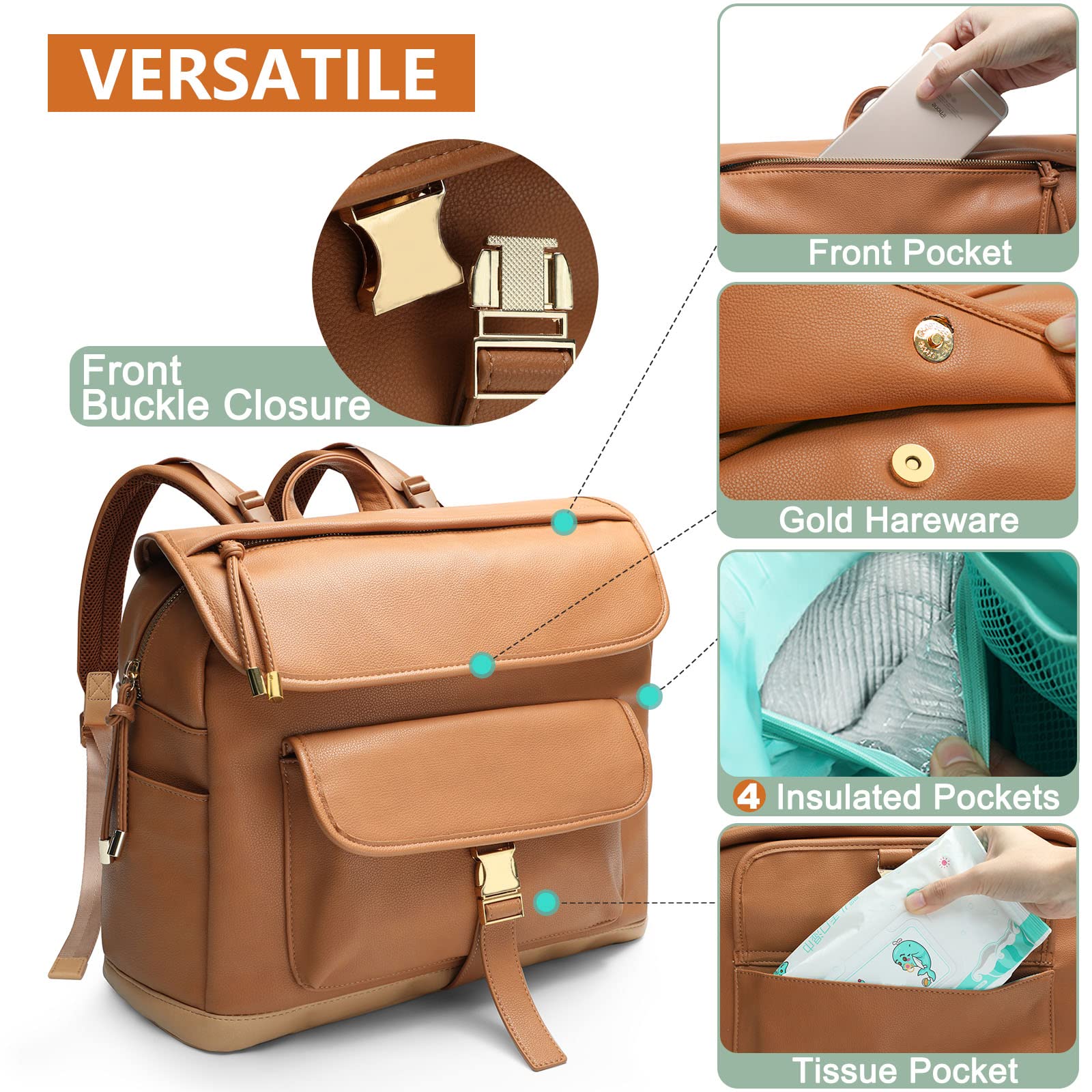 MOMINSIDE Diaper Bag Backpack, 12 Pockets Leather Mini Diaper Bag, Baby Bag Backpack, Baby Registry Search, 4 Insulated Pockets, Changing Pad, Stroller Straps(Brown)