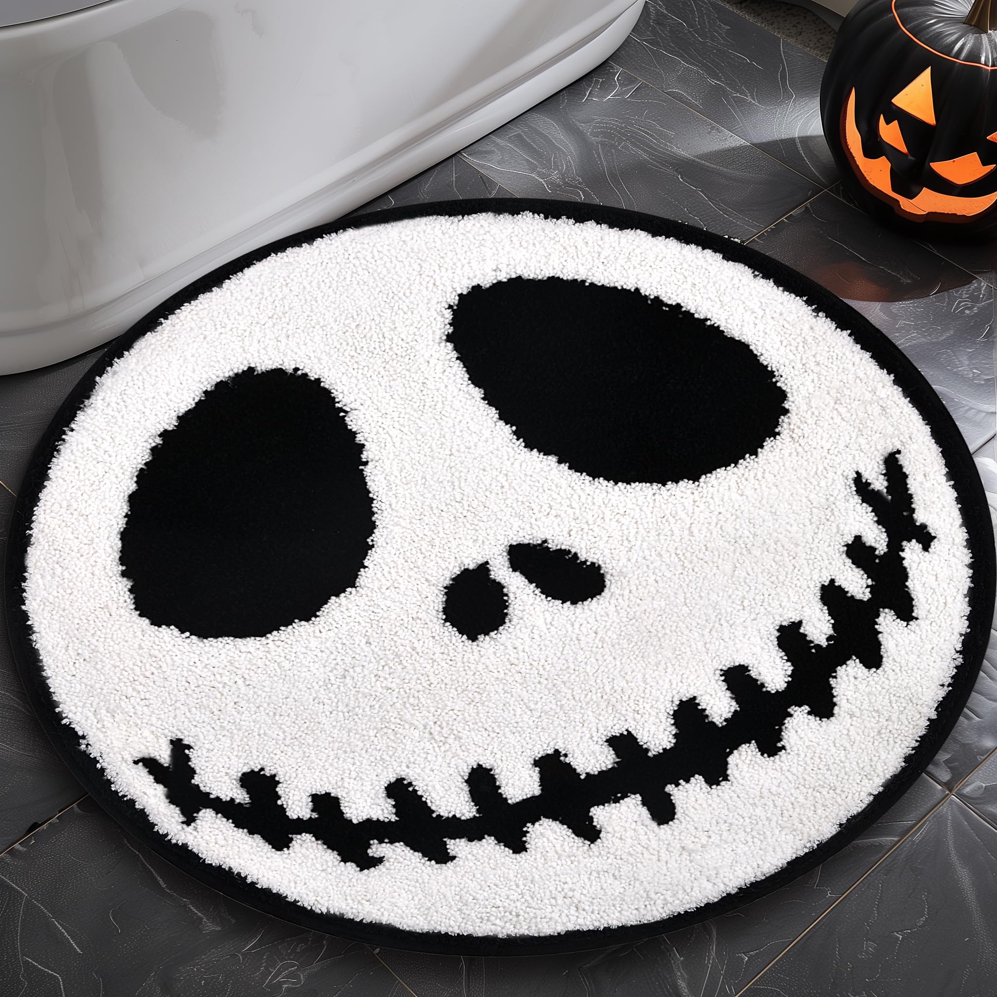 Photo 1 of KGNN Jack Halloween Rugs Mat 2ft Round Non-Slip Cute Creepy Nightmare Bath Rug Bathroom Shower Floor Mat for Halloween Indoor Decor Nightmare Before Holiday Christmas Decorations