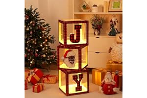 Motiskyy 3 Pcs Black Santa African American Christmas Decorations Large Transparent Light Boxes Christmas Fireplace Decorations Red and Black Plaid Joy Blocks for Home, Fireplace, Xmas
