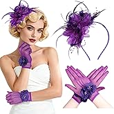 Fascinators Hats for Women and Tea Party Gloves Set, Headband with Feather Pearl Veil for Wedding Cocktail Dresses