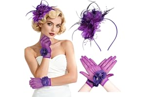 Fascinators Hats for Women and Tea Party Gloves Set, Headband with Feather Pearl Veil for Wedding Cocktail Dresses