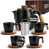 MIAMIO – 1000 ml Ceramic Tea Pot Set with Infuser and Cups/Tea Strainer, 4 Ceramic Tea Mugs (300 ml), Bamboo Saucers/Handle f