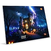 Halloween Canvas Wall Art with LED Lights and Sound Effects, 20x15 Inch | Spooky Haunted House, Glowing Pumpkin & Bats, Battery-Powered Motion-Activated Halloween Art for Home Decor and Party