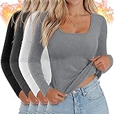 Huukeay 4 Pack Women's Thermal Long Sleeve Shirt Square Neck Fleece Slim Warm Winter Tops Casual Fashion Base Layer