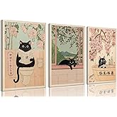 3Pcs Japanese Black Cat Bathroom Wall Art Funny Black Cat Reading Newspaper Painting Picture Wall Decor Japanese Animals Poster Print for Bedroom Toilet Home Decoration 12x16in Unframed
