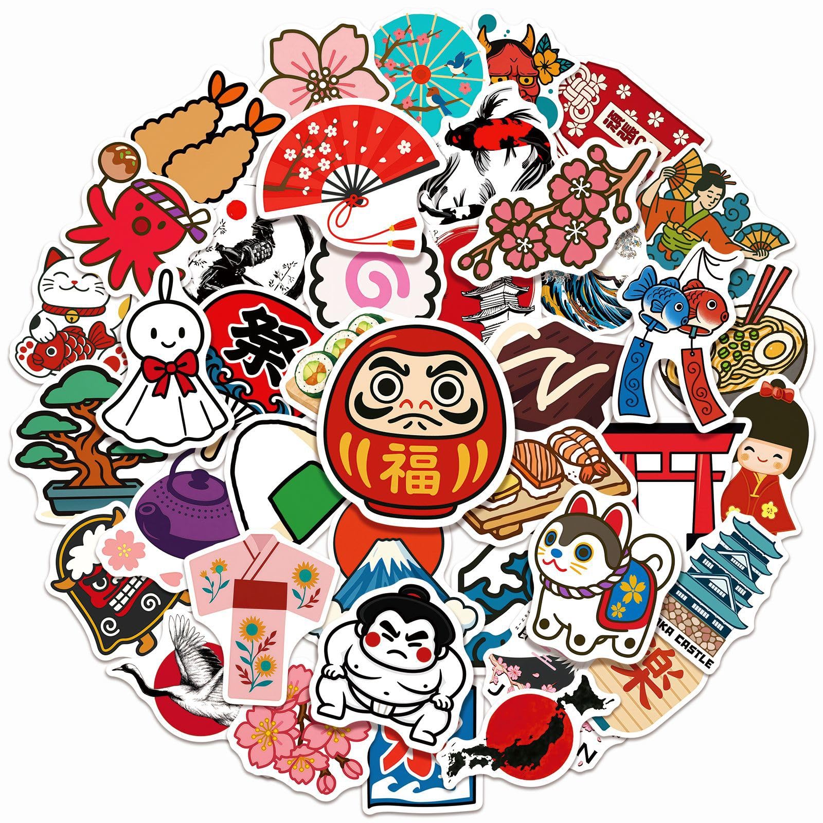 Japanese Traditional Culture Stickers, 50 Pcs Vinyl Waterproof Japan Travel Decal for Laptop Water Bottle Phone Car Window Bike Motorcycle Stakeboard Scrapbook