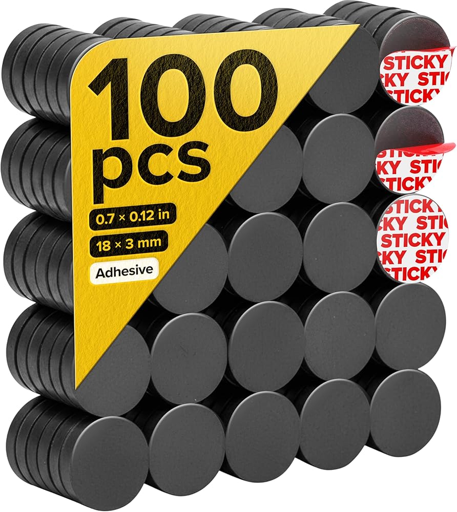 Strong Ceramic Round Magnets with Adhesive Backing (0.7x0.12/18x3mm, 100 pcs) - Heavy Duty Sticky Magnets, Non-Corrosive, Ver
