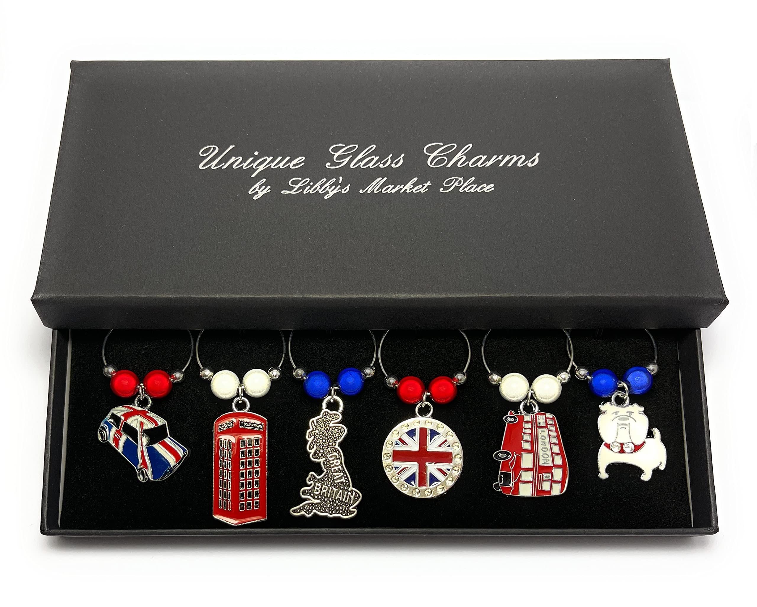 Libby's Market Place Colourful Great Britain British Wine Glass Charms with Gift Box