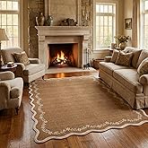 GarveeHome 5x7 Scalloped Area Rug Brown Washable Rugs for Living Room Bedroom, Soft Low Pile Non Slip Accent Floor Mat Solid Floral Print Throw Rug Farmhouse Indoor Carpet for Dorm Playroom