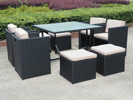 New 9pc Piece Black Rattan Garden Furniture Dining Table Sofa Hideaway Cube Set Amazon Co Uk Garden Outdoors