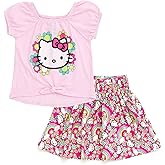 Hello Kitty Girls Square Neck T-Shirt and Smocked Skirt Outfit Set Toddler to Big Kid Sizes (4T - 14-16)