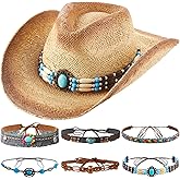 Cutecrop Straw Cowboy Hats for Women Men with 6 Replaceable Hat Bands Adjustable Western Cowgirl Hat for Party, Outdoor