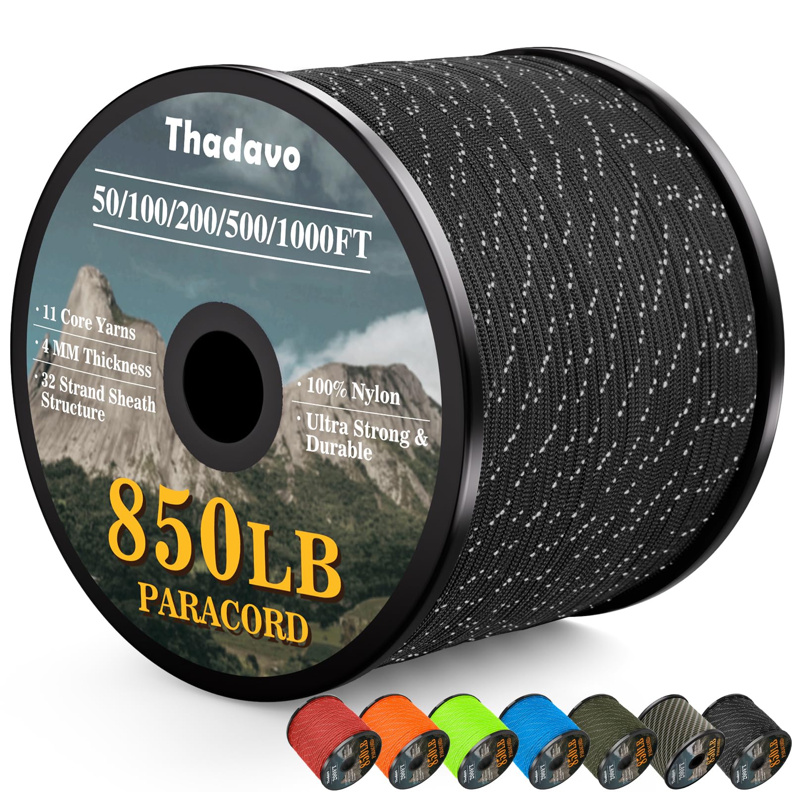 Photo 1 of ***NOT A SPOOL*** Thadavo Reflective Paracord Rope 850Ib, 50/100/200/500/1000ft 4MM 11 Strand para Cords Lanyard Utility Parachute Cord for Tent Camping Hiking Survival Tactical Clothesline DIY Projects, Black 100FT