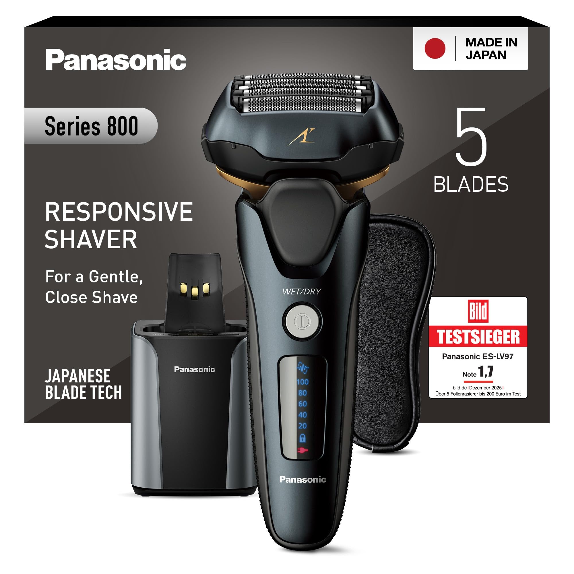 Panasonic Series 800 ES-LV97 Nass/Trocken-Rasierer, 5-fach-Scherkopf mit Linearmotor, inklusiv Reinigungs- und Ladestation, schwarz