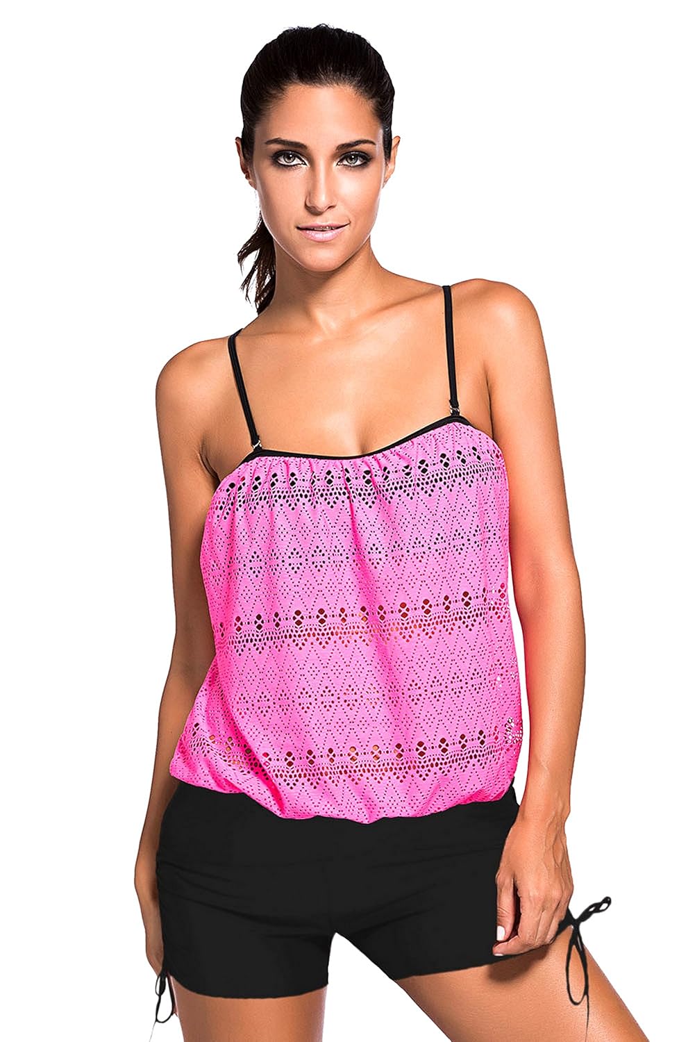 fasnoya women's pink lace overly black bandeau tankini swimsuit - bik329