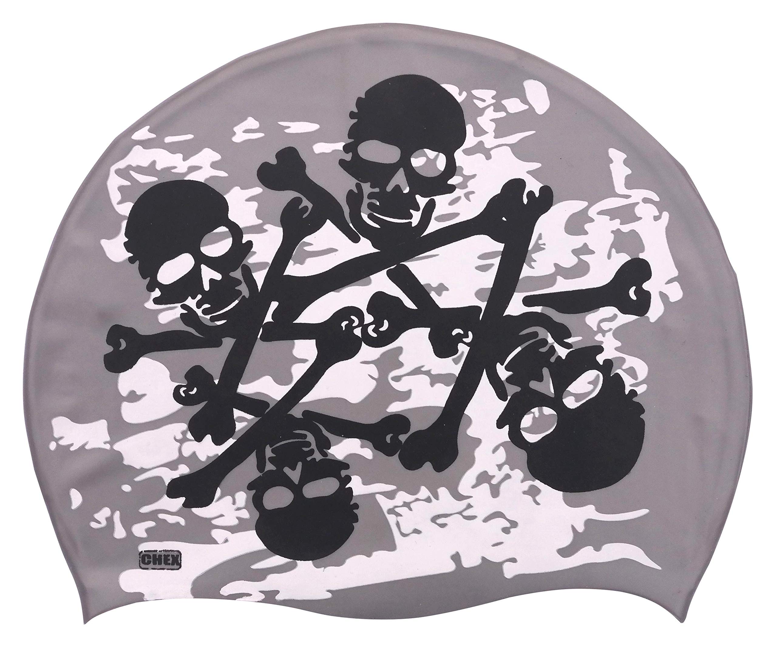 CHEX Stretchy Silicone Unisex Women Men One Piece Swimming Hat Swim Cap Pirates Skull & Cross Bones Fun Design Print One Size Adults Easy Pull On (Silver)