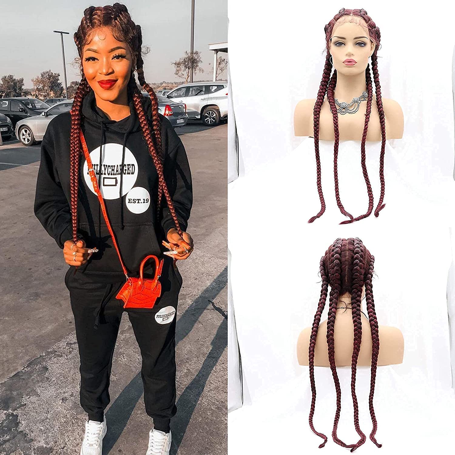Rainahair Wine Red Long Braided Wigs Synthetic Lace Front Wigs for Women 99J Color High Temperature Natural 4x Twist Braids Wigs with Baby Hair (32 Inch, 99J/lace front wig)