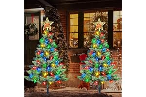 ABKSHINE Upgraded Set of 2 Solar Christmas Tree, Outdoor Christmas Decorations,Prelit Xmas Tree w/ 100 LED Multi-color C6 String Lights for Outsdie Holiday Display Yard Front Porch Pathway Grave Cemetery Decor