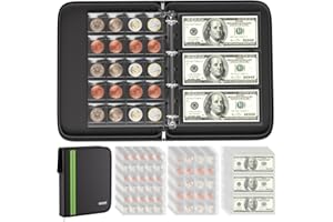 ENGPOW Coin Dollar Bill Holder,Fireproof 336 Pockets Coin Collection Supplies Case Album Money Holders,Coin Storage Protectors Binder with Zipper for Coins(17/20/25/27/30/33/38/40mm) Bill Stamp Black
