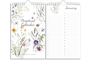 BOWCUK Perpetual Calendar – Undated Calendar 12-Month for Birthday, Anniversaries, Important Days, Festivals Reminder, 6'' x 10'' with 2 Lines Per Days, Twin-wire Binding, Thicker Paper, Minimalist Flowers