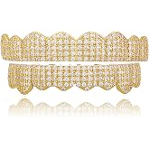 TOPGRILLZ Diamond Silver Grillz for Men Gold Teeth Grill for Women Iced Micro Pave 8 Fang 14K Gold Plated Rapper Costume Jewelry Accessory