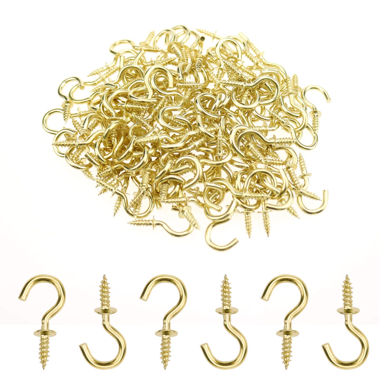 DonLeeving Mini Ceiling Screw Hooks, 200pcs Brass 3/4" Cup Hooks, Gold, Vintage Decorative, Wall & Ceiling Mount, 35lbs Max Weight, Easy Install