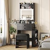 Vabches Small Makeup Vanity Desk with Fold-up Panel, Black Vanity Set | Glass Top Dressing Table with 3 Adjustable Lighted Mirror and Charging Station, 2 Drawers and Hidden Storage Shelves