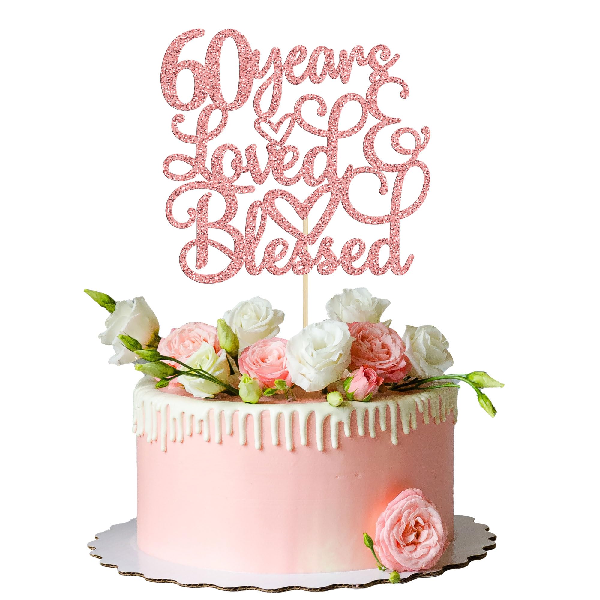 Gyufise 1Pc Rose Gold Glitter 60 Years Love and Blessed Cake Topper Cheers to 60 Years Happy 60th Cake Topper for 60th Birthday Wedding Anniversary Party Decoration Suppliers