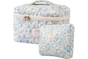 AMULOKRU Makeup Bag Set, Quilted Makeup Bag, Large Travel Makeup Bag, Floral Cosmetic Bags for Women, Cotton Coquette Makeup Bag, Aesthetic Cute Toiletry Organizer Bag-Blue Flower