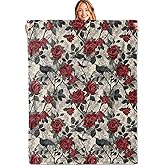 MIEPOS Gothic Rose Crow Throw Blanket, 50x60in, Soft, Lightweight Flannel,Dark Floral Halloween Throw with Red Rose Raven Bat Blankets, Horror Gifts, for Goth Home Living Room Decor