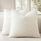 Woaboy Pack of 2 Decorative Boucle Throw Pillow Covers Textured Square Pillowcaes Accent Solid Cozy Soft Cushion Covers Home Decor for Sofa Couch Living Room Bed,18x18 Inch White