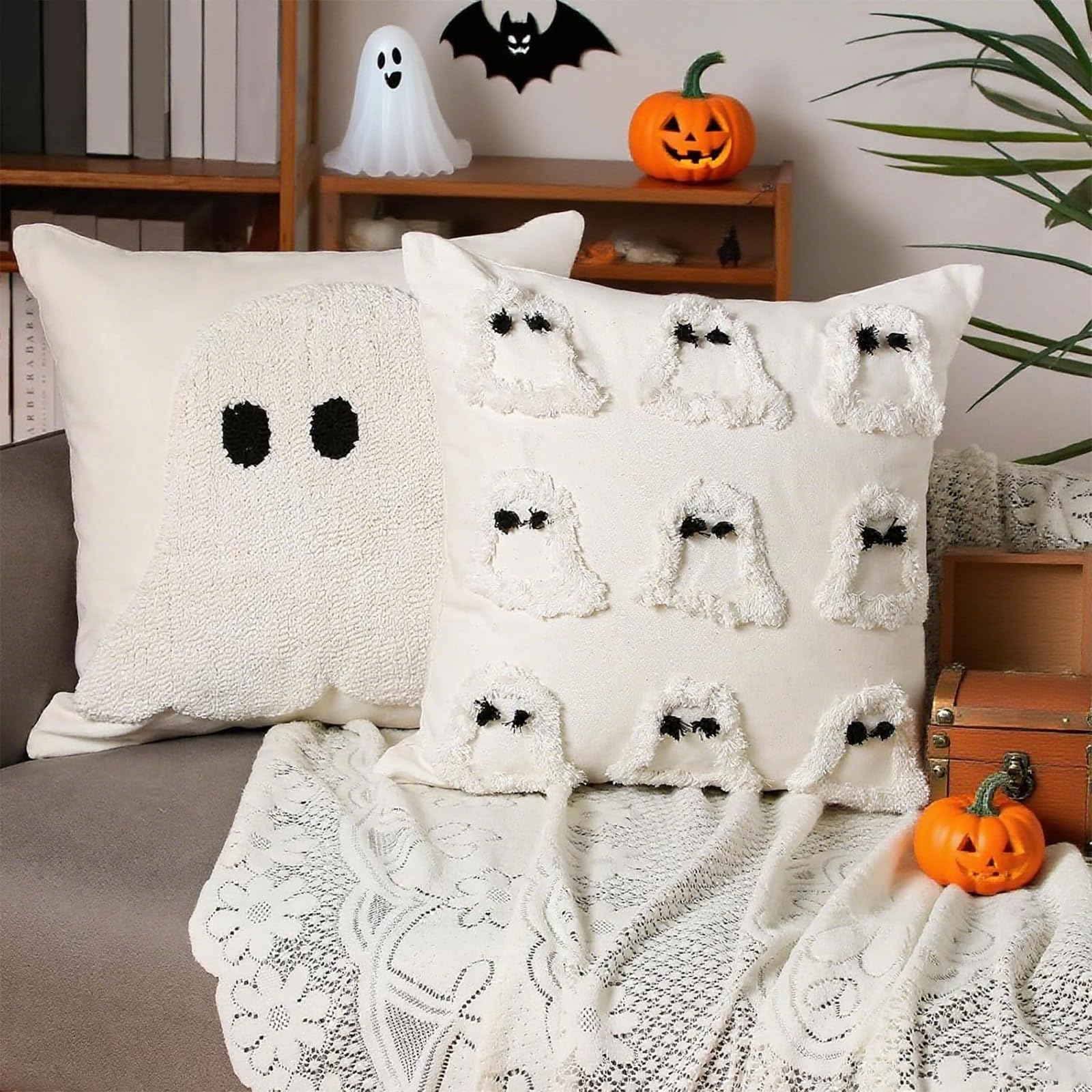 Photo 1 of Beeveer 2 Pcs Halloween Pillow Covers 18x18 Inch White Ghost Throw Pillow Cases, Halloween Decorations Spooky Cushion Cover Gothic Couch Case for Holiday Fall Home Living Room Sofa Bed Indoor Outdoor