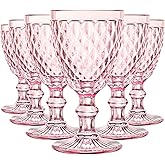 Lallisa 6 Pcs Pink Wine Glass Set Vintage Glassware Pink Goblets 8 oz Embossed Drinking Glass with Stem High Clear Stemmed Cups Goblet for Wedding Party Banquet Feast Bar, Daily Use