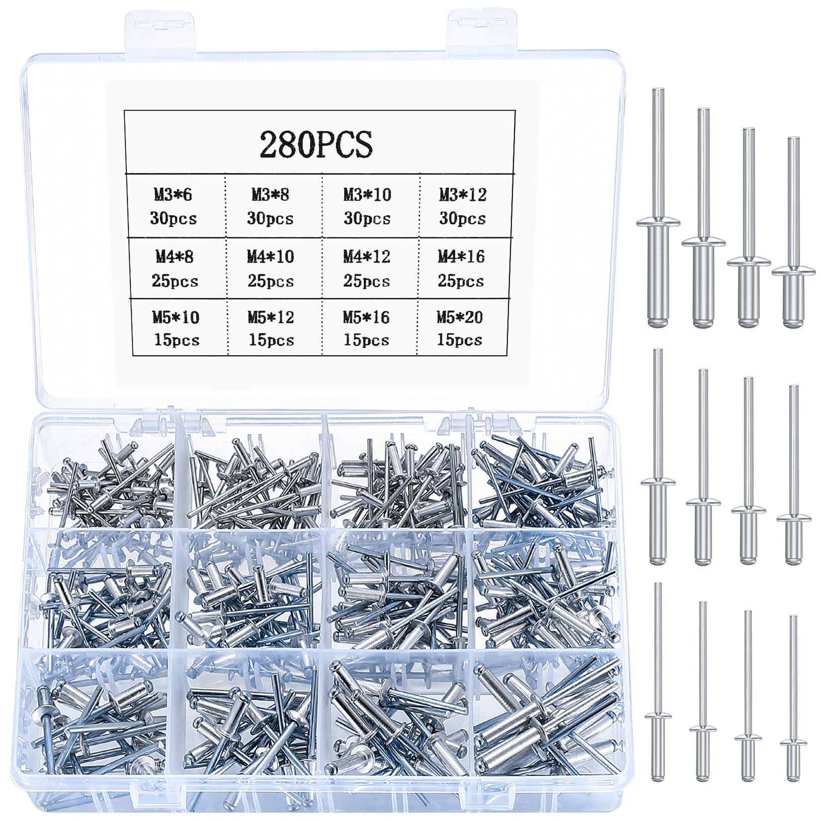 280 Pcs Pop Rivets Assortment, Aluminum Blind Rivets Set, Flange Blind Rivets with Shaft Mandrel, Open End Rivets, Flange Rivets for Metal Wood Plastic - M3/M4/M5 Pop Rivets Fasteners