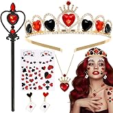 5PCS Red Gem Halloween Queen Costume Accessories for Women | Queen Crown Red Necklace Earrings Scepter and Glitter Stickers