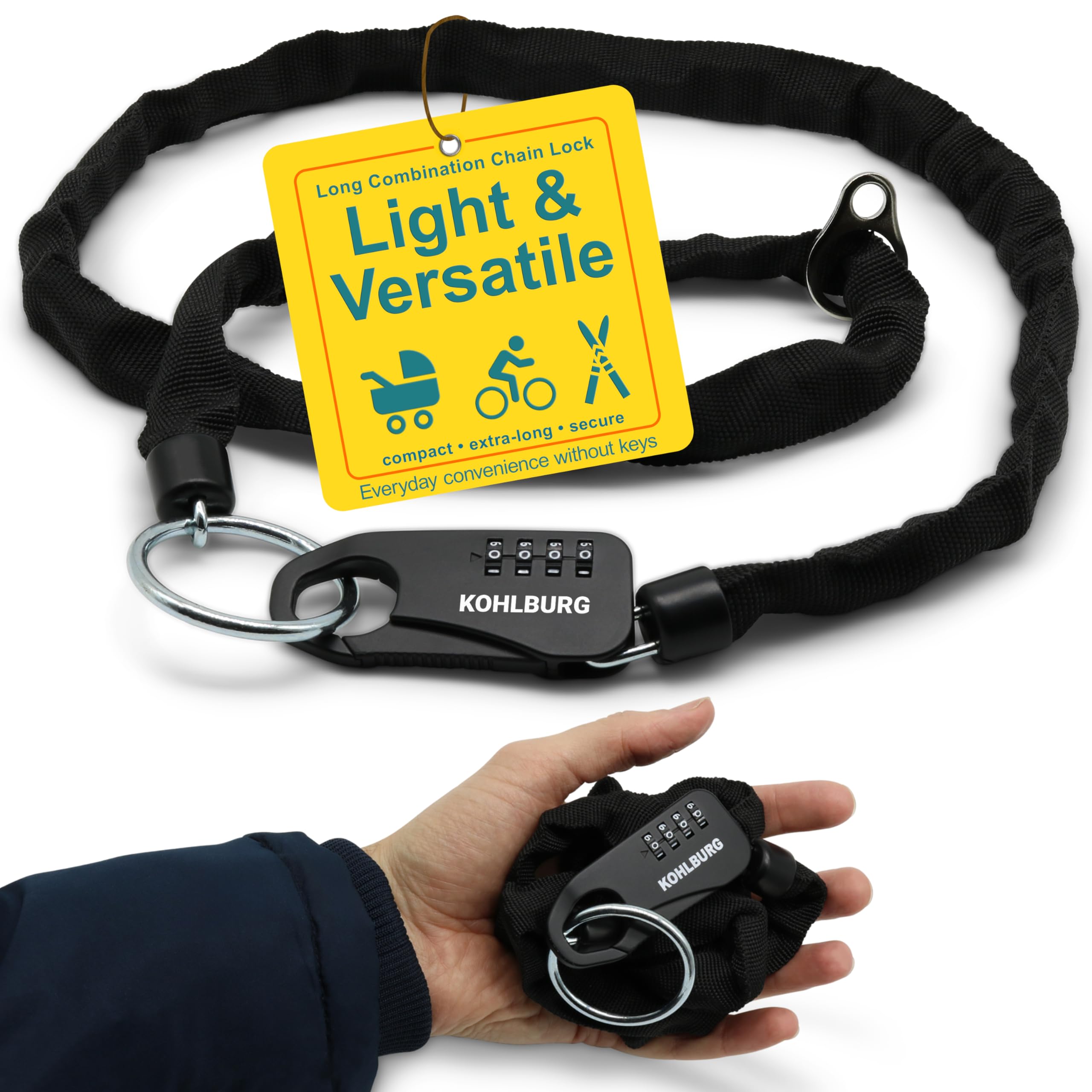 KOHLBURG Secure 129cm / 51" Long Combination Chain Lock for the Pocket - 3mm Strong - Robust Security for ski, Motorbike Helmet & Accessories - 4-Digit Number Code